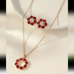 Gold Tone Red Rhinestone Jewelry Set 18" + 2" ext Necklace & Earrings